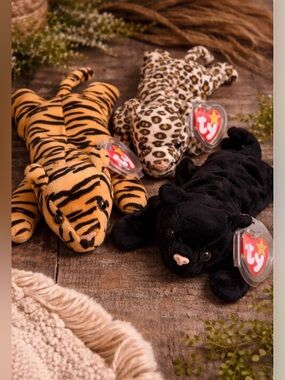 #203 Ty Beanie Babies Bundle Big Cat 🐯Tiger Leopard Black Cat 🐱Plush Set